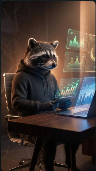 Ricky Bobby the Raccoon at a desk with holographic charts